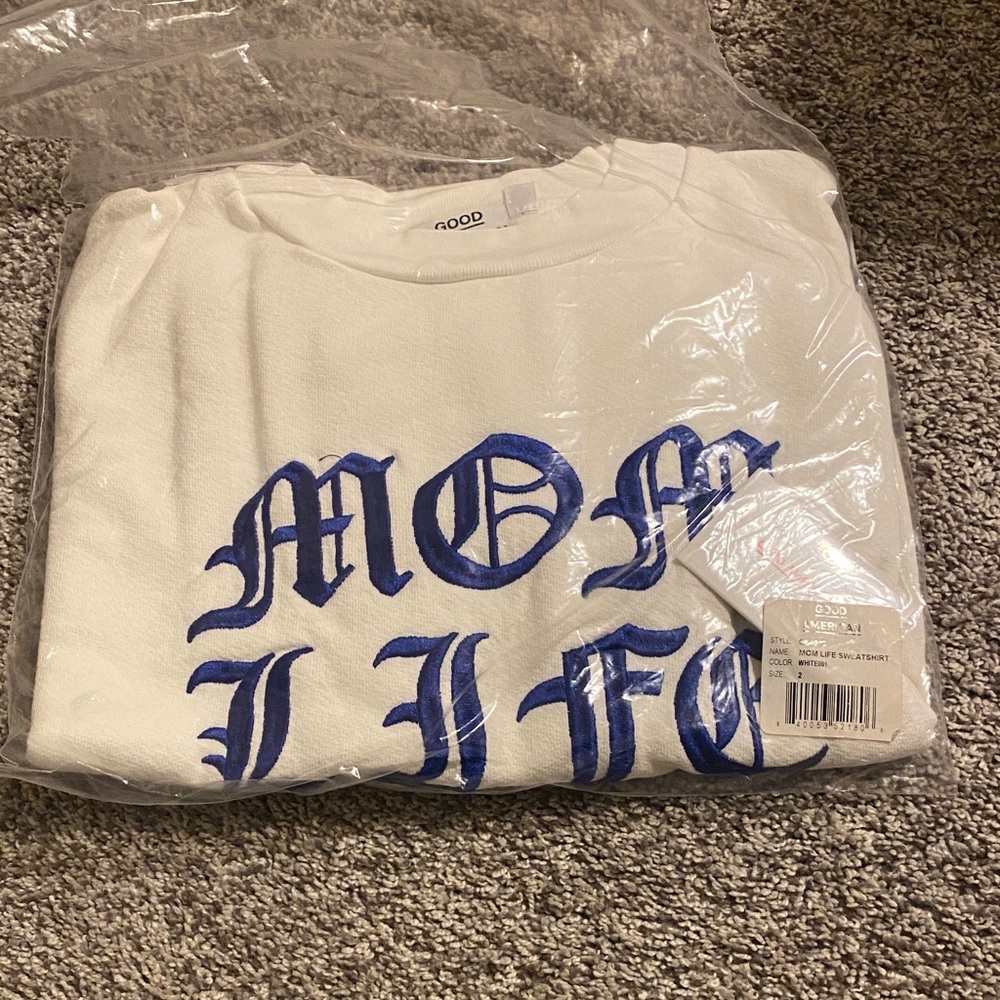 Good American White Sweatshirt with Bold Blue Accents